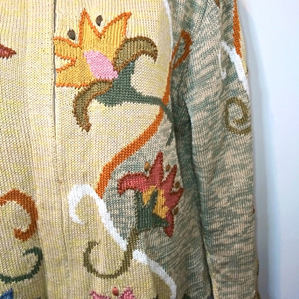 Caamano Handknit Earth Toned Floral Zip Front Cardigan Sweater Made In Peru - Picture 3 of 14